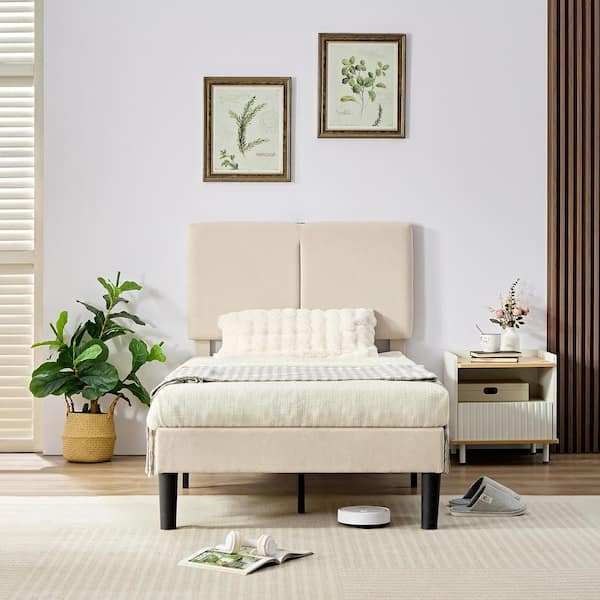 VECELO Bed Frame with Type-C and USB Ports, Upholstered Platform Height-Adjustable Cotton and Linen Headboard, Beige Twin Bed