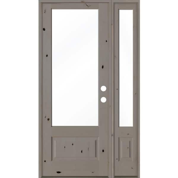 Krosswood Doors 50 in. x 96 in. Farmhouse Knotty Alder Left-Hand 3/4-Lite Clear Glass Grey Stain Wood Prehung Front Door with RSL