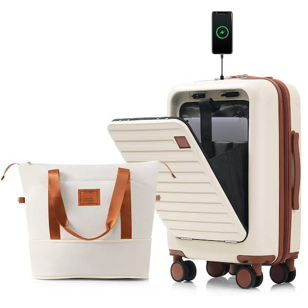 Front Opening 2-Piece Ivory and Brown 20 in. ABS Hardshell Spinner Luggage Set with Travel Bag, USB Ports, Cup Holder