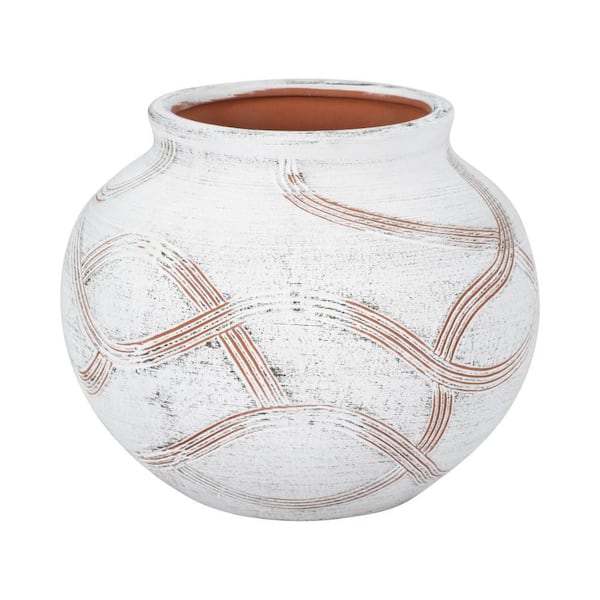 Liv & Skye 7 in. White Ceramic Stoneware Round Global Decorative Vase with Etched Texture
