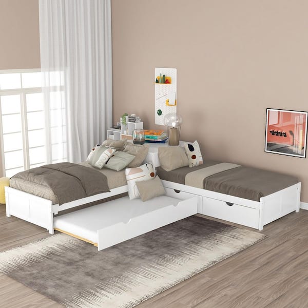 L-shaped White Twin Size Platform Bed with Trundle and Drawers, Linked with Built-in Desk