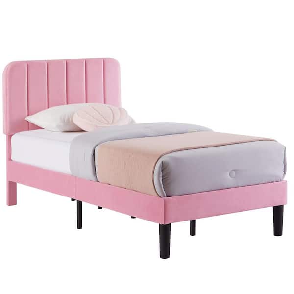 Upholstered Bed Frame, Twin Platform Bed Frame with Adjustable Headboard, Strong Wooden Slats Support, Pink