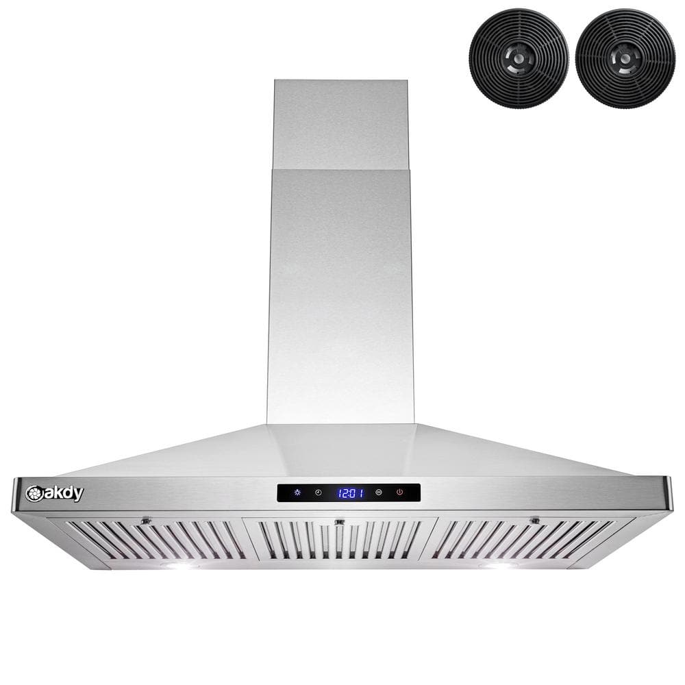 AKDY 36 in. Convertible Kitchen Wall Mount Range Hood in Stainless Steel with LEDs, Touch Control and Carbon Filters, Silver