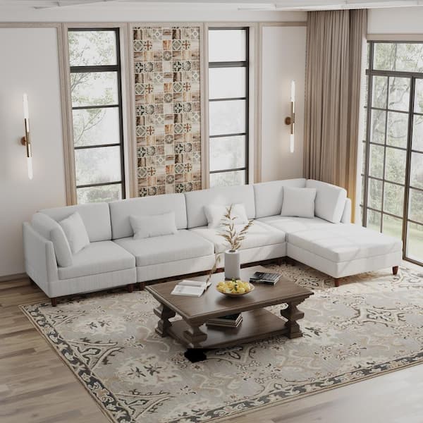 Uixe 120.5 in. Straight Arm 5-Piece Corduroy Upholstered Modular Free Combination Sectional Sofa in. Beige with Ottoman
