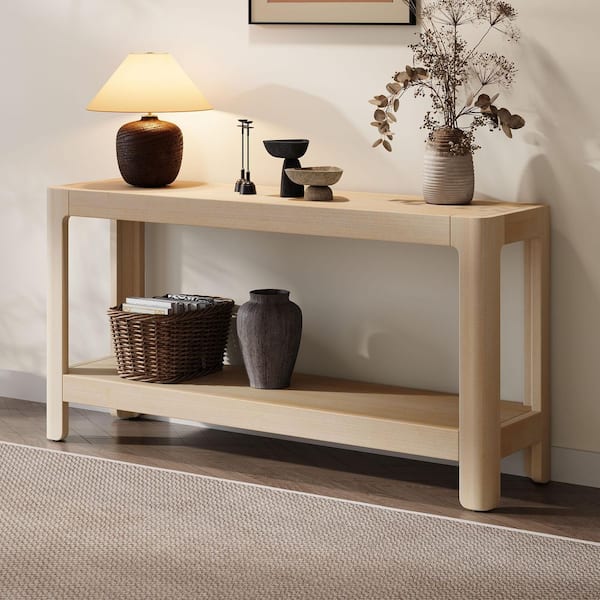 CHRISTOPHER KNIGHT HOME Jeremiah Modern 59 in. Natural Rectangle MDF and Solid Wood Console Table with Storage Shelf, Rounded Corners