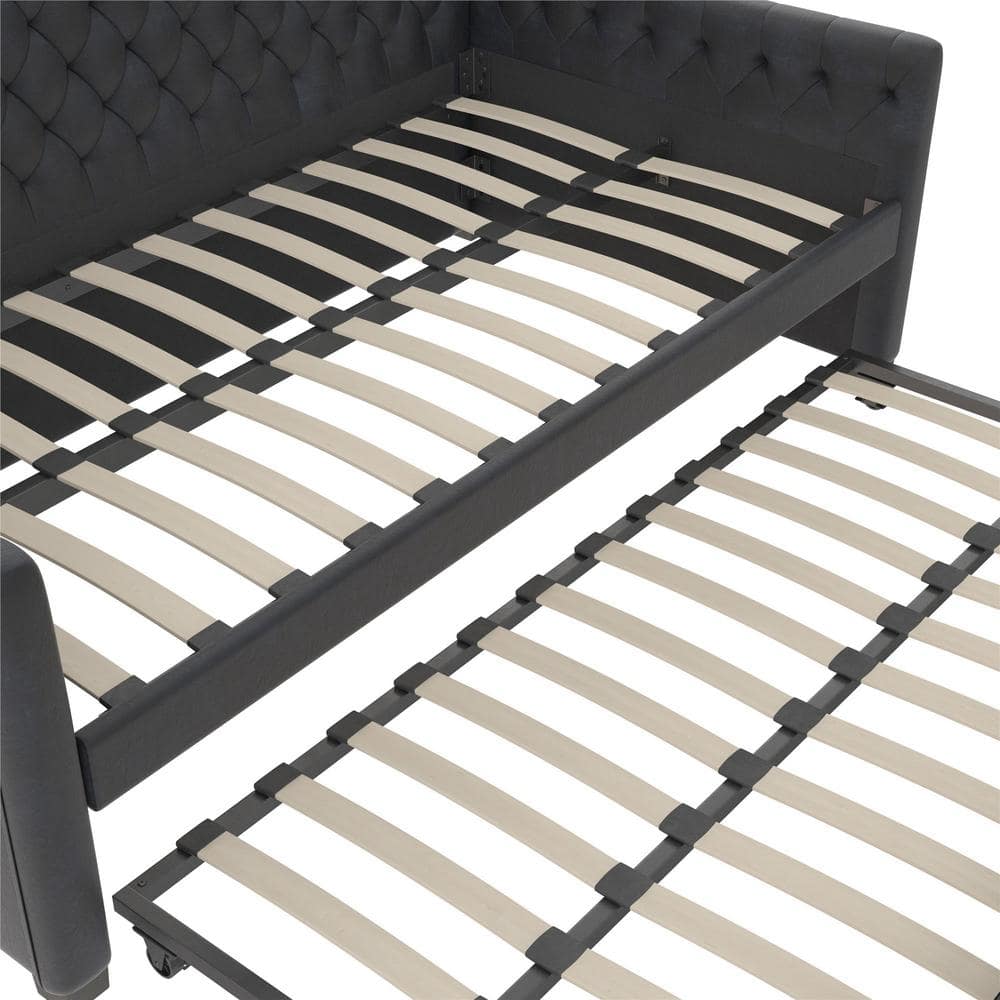 Navy Blue Velvet Twin Daybed with Trundle and Tufted Upholstery