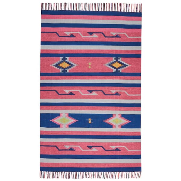 7 ft. x 10 ft. Pink and Blue Southwestern Handmade Area Rug With Fringe