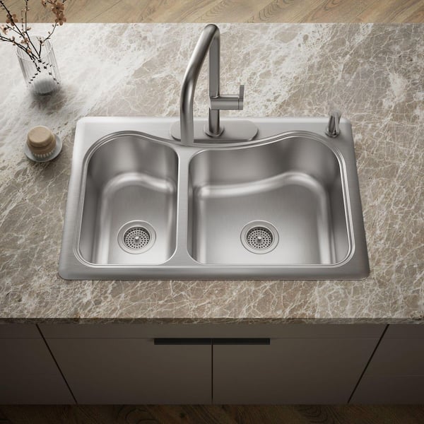 Staccato Drop-In Stainless Steel 33 in. 4-Hole Double Offset Bowl Kitchen Sink with Included Hardwood Cutting Board