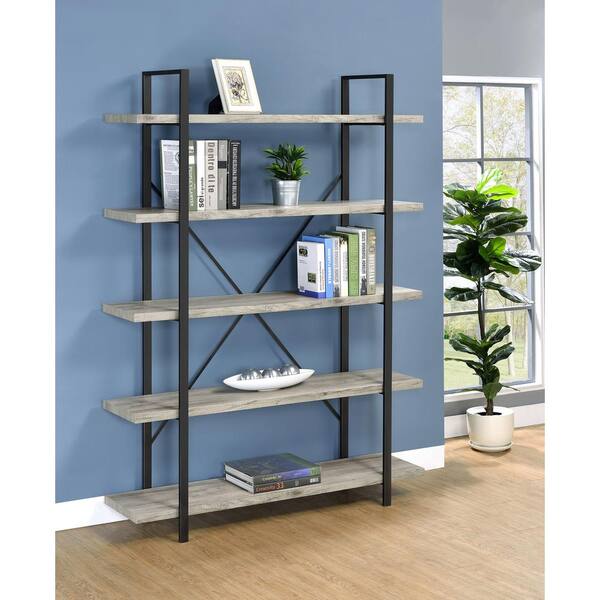 Coaster 70 in. Grey Driftwood and Gunmetal Wood 5-Shelf Bookcase