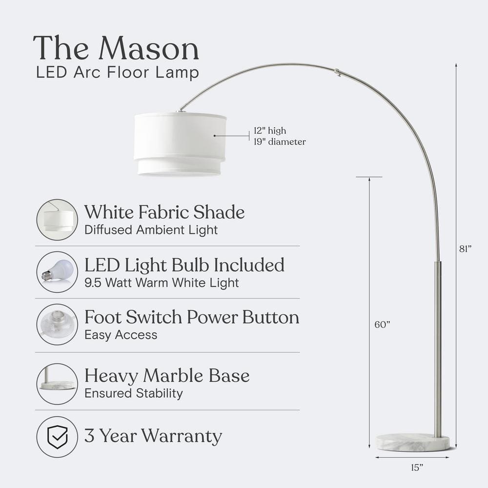 Mason 81" Modern White LED Arc Floor Lamp with Adjustable Drum Shade