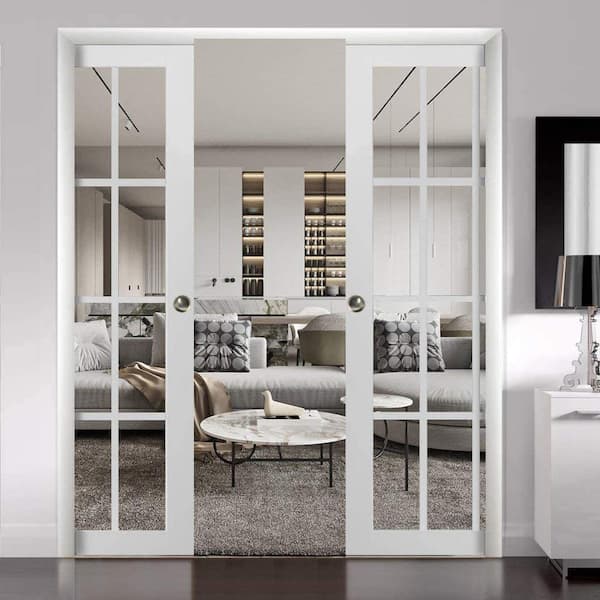 56 in. x 80 in. 1-Panel White Finished Pine Wood Sliding Door with Double Pocket Hardware