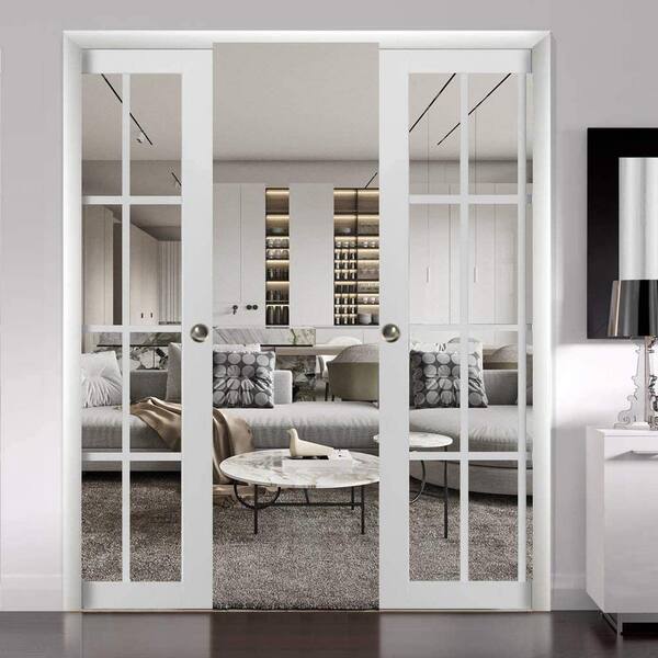 56 in. x 84 in. 1-Panel White Finished Pine Wood Sliding Door with Double Pocket Hardware