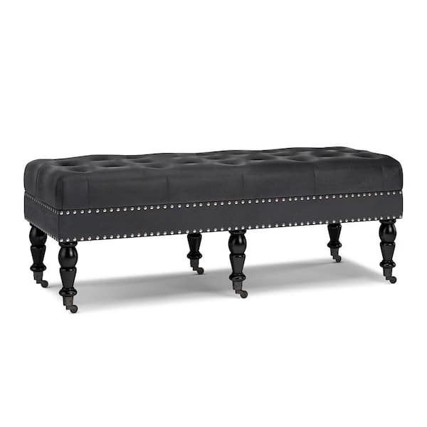 Simpli Home Henley 49 In Wide, Black Leather Tufted Ottoman