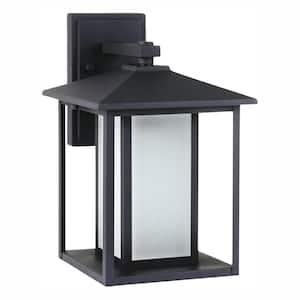 Hunnington 9 in. W 1-Light Outdoor 14 in. Black Wall Lantern Sconce with LED Bulb and Etched Seeded Glass