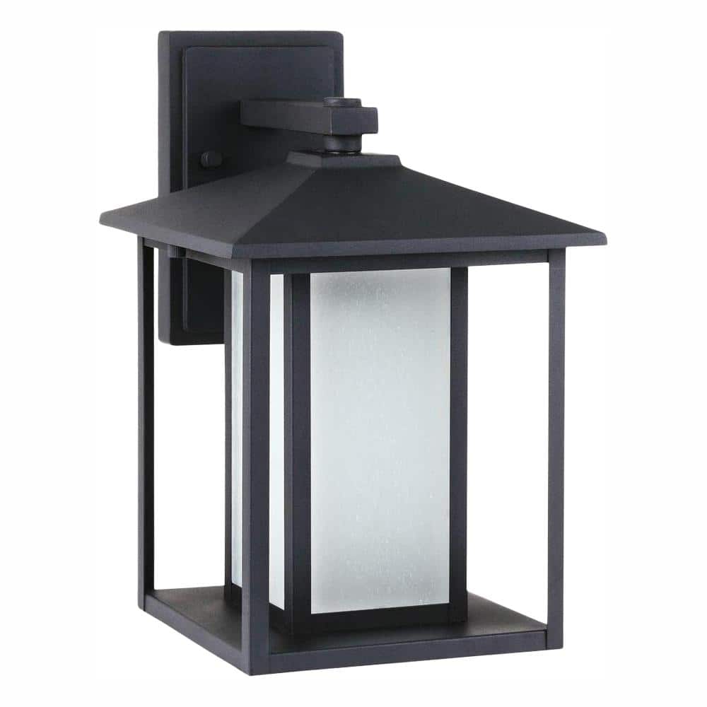 Hunnington 9 in. W 1-Light Outdoor 14 in. Black Wall Lantern Sconce with LED Bulb and Etched Seeded Glass price history on PriceWatchPro