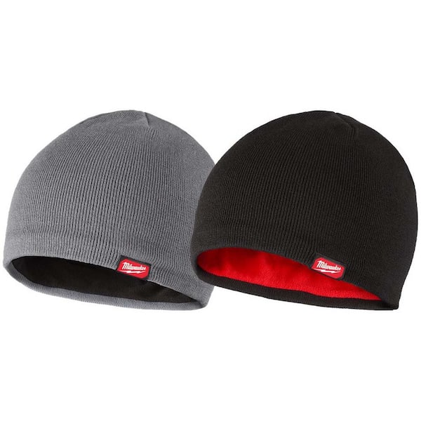 Men's Gray and Black Fleece-Lined Beanie Cap (2-Pack)