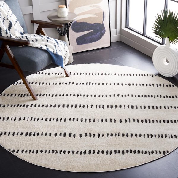 Melody 4 ft. x 4 ft. Ivory/Black Minimalist Striped Round Area Rug