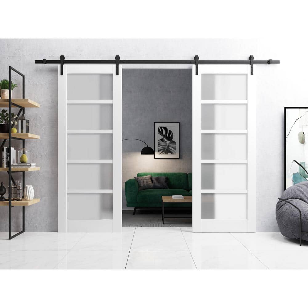 Assemble Required 28 in. x 80 in. 2 Panel Frosted Glass White Solid Wood Sliding Barn Door with Hardware Kit price history on PriceWatchPro