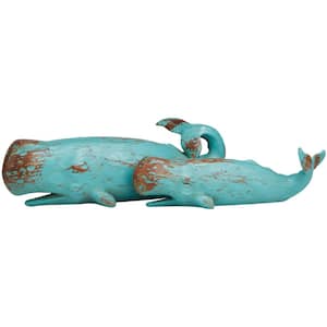 Teal Polystone Distressed Whale Sculpture with Brown Wood Inspired Accents (Set of 2)