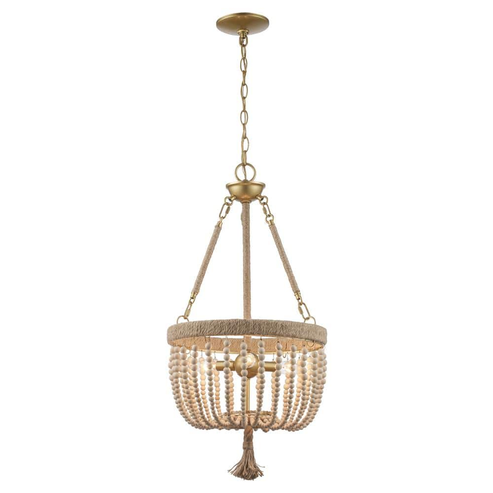 Bel Air Lighting Taylan 14 in. 3-Light Antique Gold Pendant Light Fixture with Jute Rope and Wood Beaded Shade