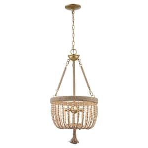 Taylan 14 in. 3-Light Antique Gold Pendant Light Fixture with Jute Rope and Wood Beaded Shade