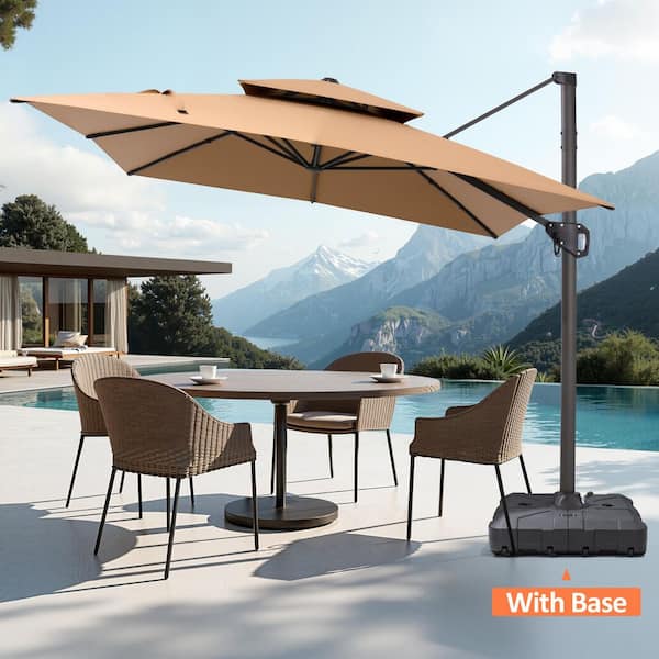 Pellebant 11.5 ft. x 9 ft. Dual-top 360° Rotation Offset Outdoor Cantilever Patio Umbrella in Tan with Fillable Base