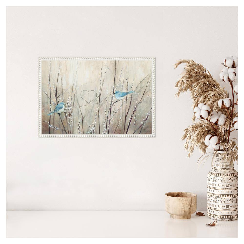 23"x16" Pretty Birds Neutral String Canvas Wall Art with White Beaded Frame