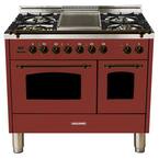 40 in. 4.0 cu. ft. Double Oven Dual Fuel Italian Range with True Convection, 5 Burners, Griddle, Bronze Trim in Burgundy