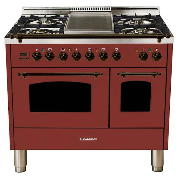 Hallman 40 in. 4.0 cu. ft. Double Oven Dual Fuel Italian Range with True Convection, 5 Burners, Griddle, Bronze Trim in Burgundy