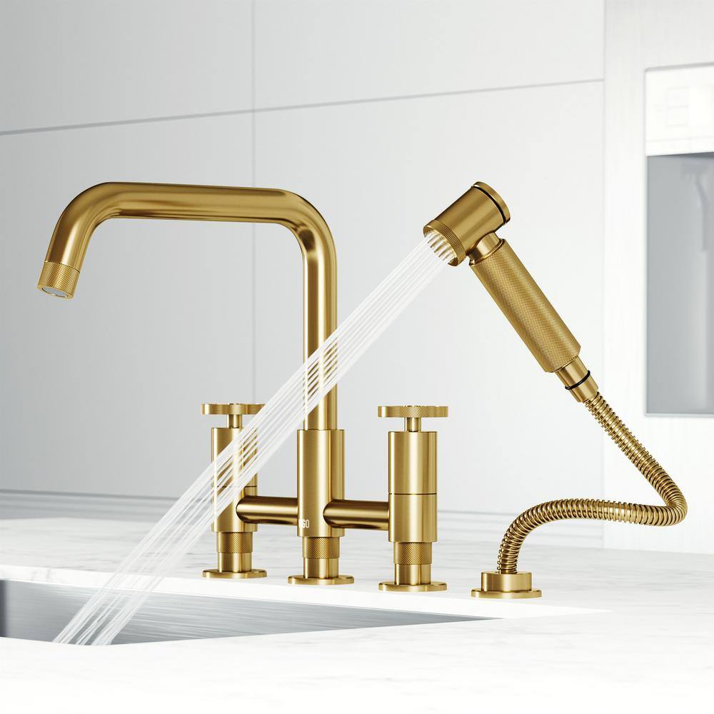 Matte Brushed Gold 12" Bridge Kitchen Faucet with Pull-Out Sprayer