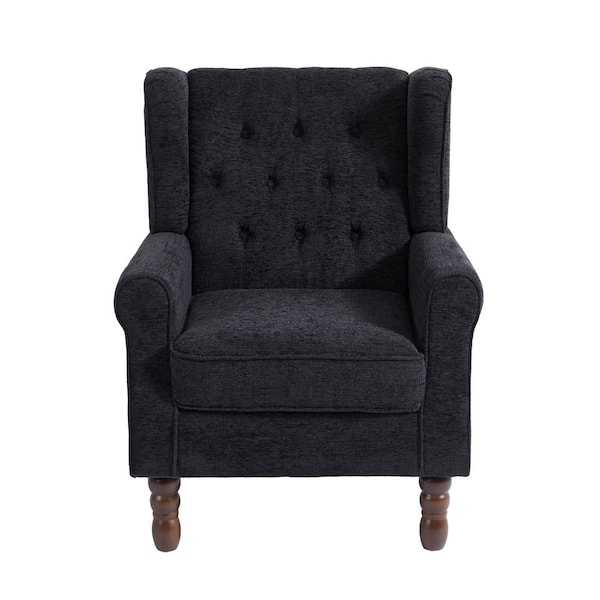 Modern Black Blue Linen Upholstered Button High Back Accent Arm Chair With Wood Legs (Set of 1)