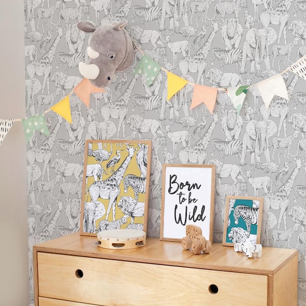 Jungle Animals Grey Wallpaper Sample