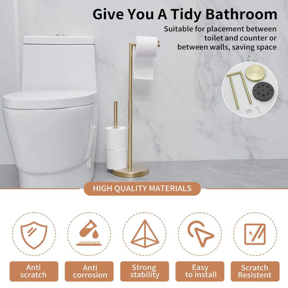Brushed Gold Freestanding Toilet Paper Holder with Reserve