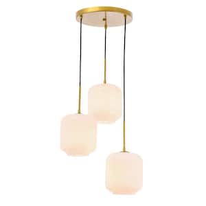 Timeless Home 17.5 in. 3-Light Brass and Frosted White Glass Pendant Light, Bulbs Not Included