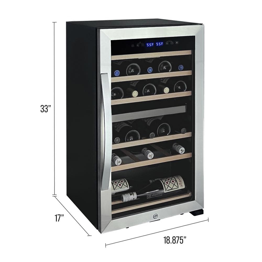 Stainless Steel Dual Zone Freestanding Wine Refrigerator, 28 Bottle