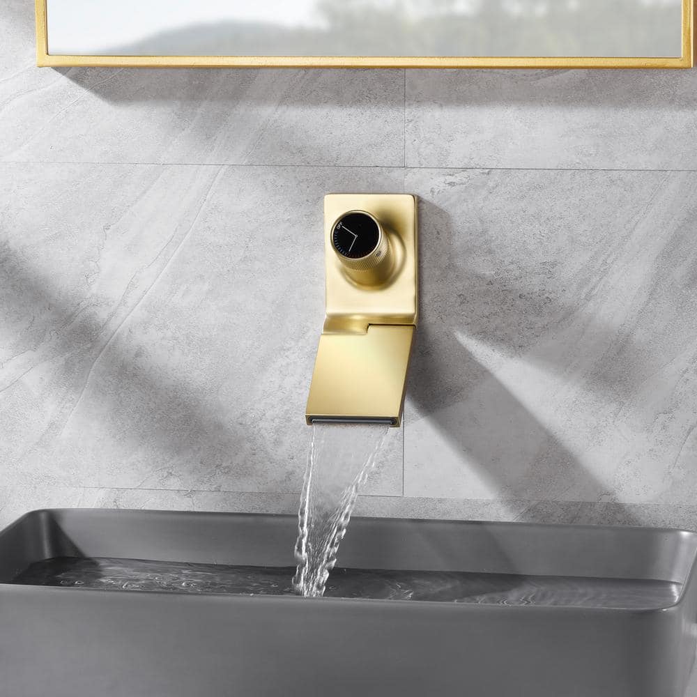 Brushed Gold Brass Wall Mount Bathroom Sink Faucet with Swiveling Waterfall Spout