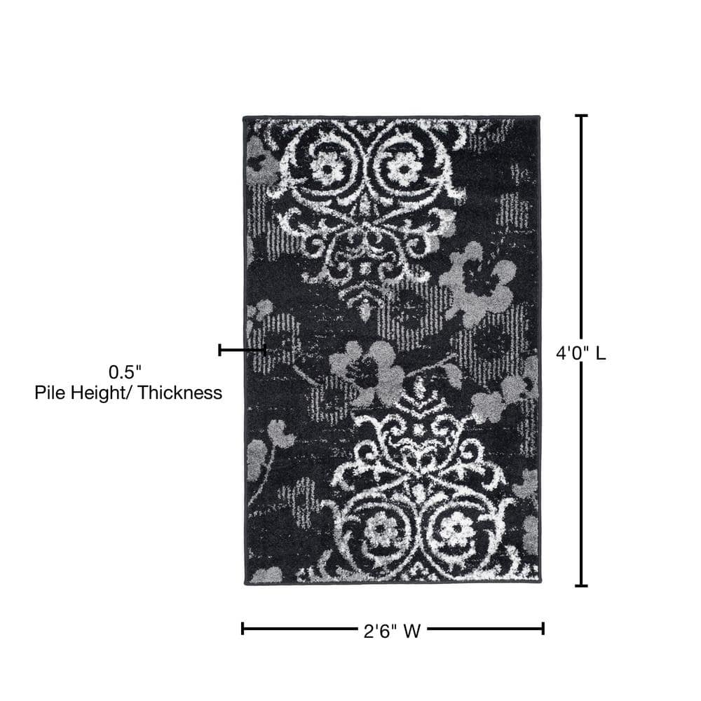 Black and Gray Floral Damask Rectangular Area Rug