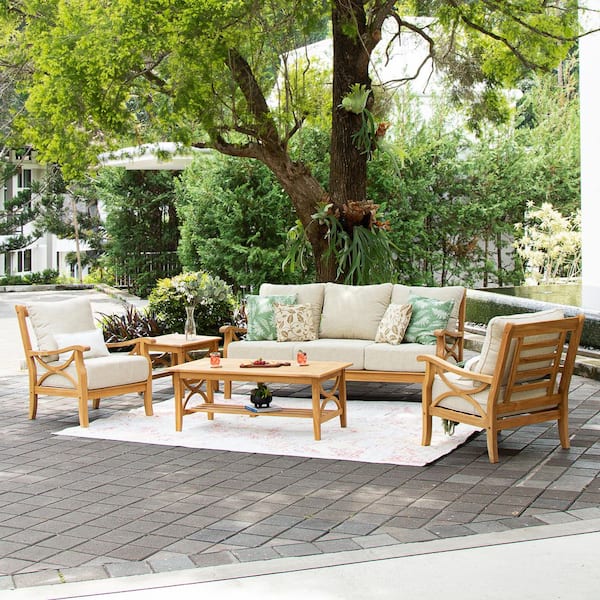Cambridge Casual Abbington Teak Wood 5-Piece Patio Conversation Set with Tan Cushion