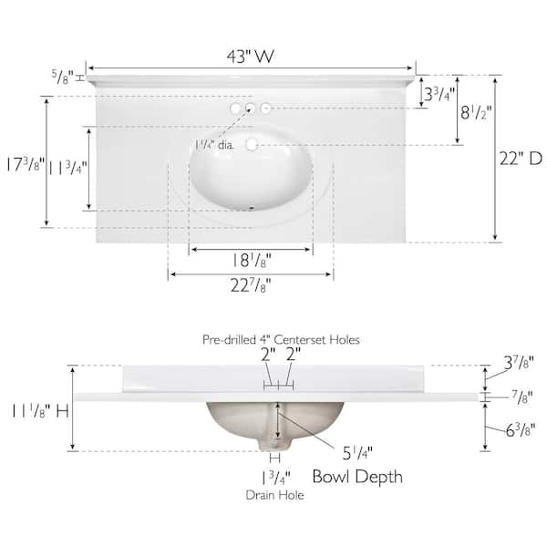 43 in. W x 22 in. D Cultured Marble Vanity Top in Solid White with Solid White Basin and 4 in. Faucet Spread