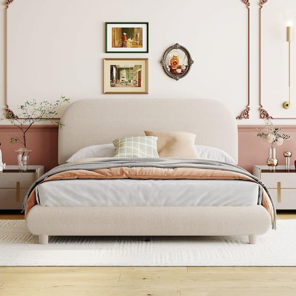 Beige Wood Frame Full Upholstered Platform Bed with Thick Fabric, Solid Frame and Stylish Curve-Shaped Design