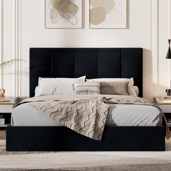 Ahokua Black Plywood Frame King Size Linen Upholstered Platform Bed with Lift-up Storage Supported by Metal and Wooden Slats