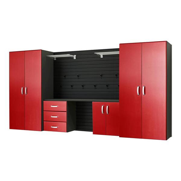 Flow Wall Modular Wall Mounted Garage Cabinet Storage Set with Workstation and Accessories in Black/Red Carbon Fiber (5-Piece)