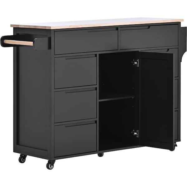 JimsMaison Black Rubberwood Kitchen Cart with Drop Leaf, Internal Storage Rack, Tableware organizer, and 8-drawers