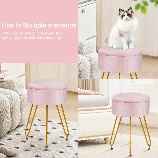 Vecelo Vanity Stool with Storage, Pink Velvet Makeup Chair, Metal Legs, Anti-Slip Feet for Bedroom, Living Room, Entryway