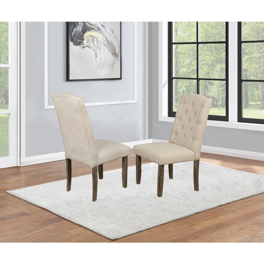 Beige Linen Upholstered Tufted Parsons Side Chairs with Wood Legs