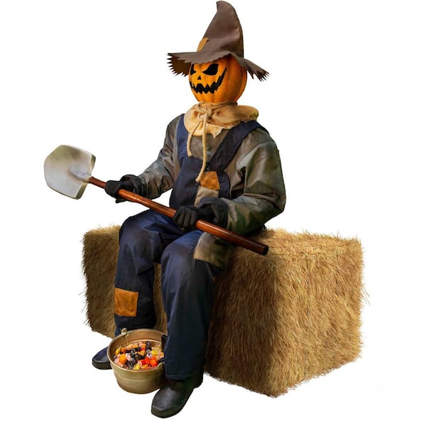 Haunted Hill Farm - 55 in. Premium Talking Halloween Animatronic Smiling Jack The Shovel-Wielding Sitting Scarecrow by Tekky