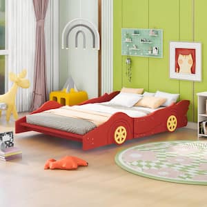 Red Full Size Race Car-Shaped Platform Bed with Wheels