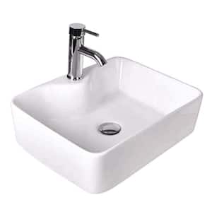 White Ceramic Rectangular Vessel Sink with Built-In Faucet