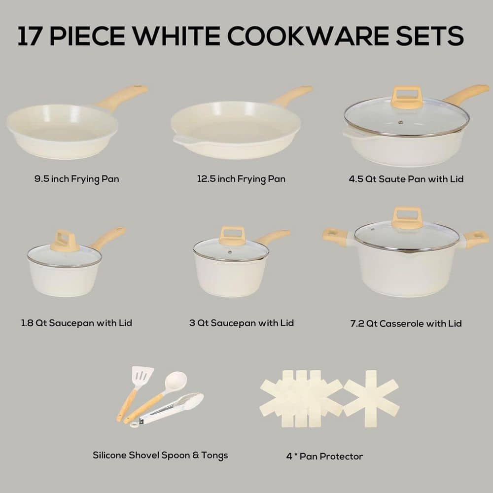 17-Piece White Aluminum Non-Stick Cookware Set with Utensils