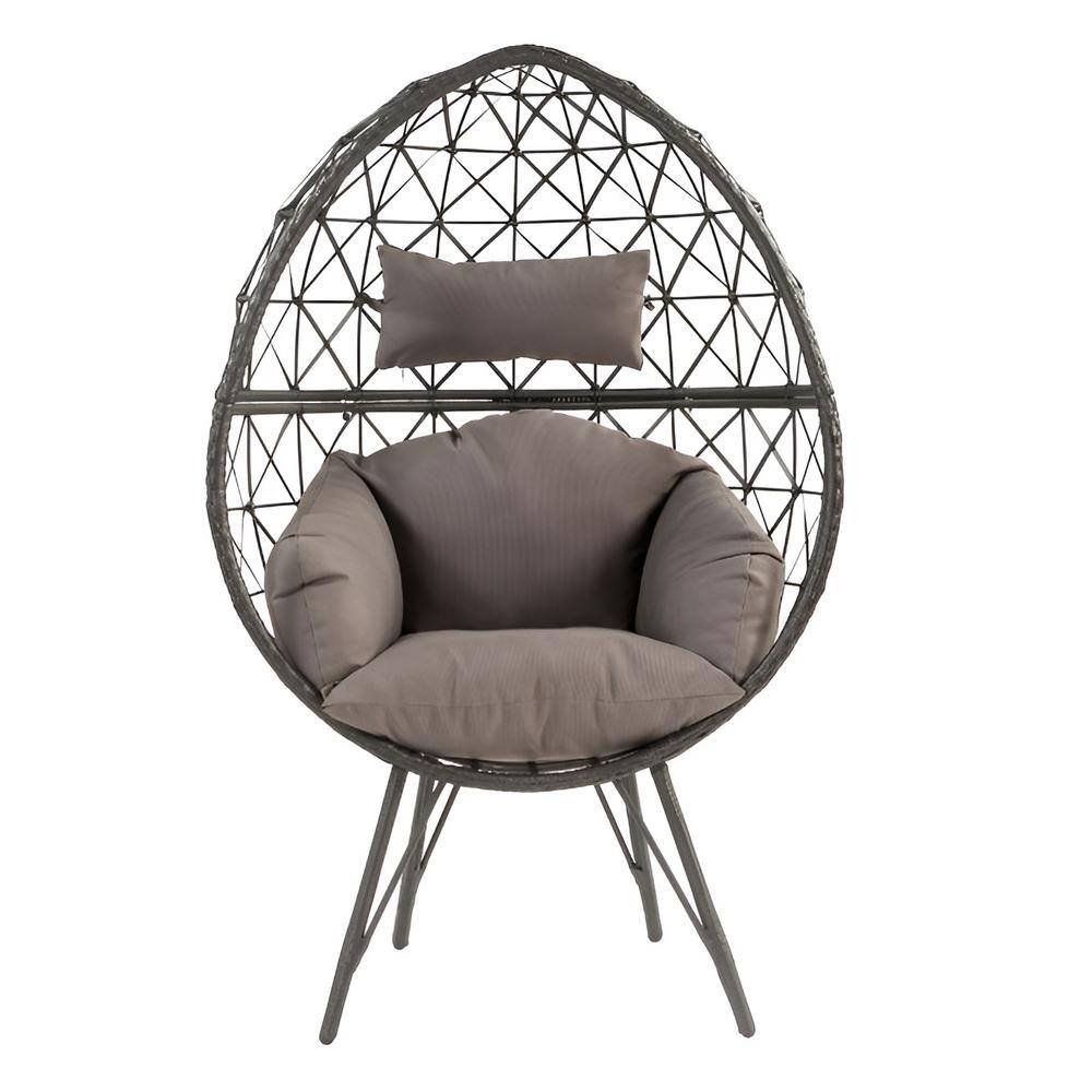 Black Wicker Outdoor Patio Lounge Chair with Light Gray Cushion